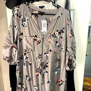 Torrid, Grey Floral Challis Zip-Front Shirt Dress, Size 0, L, 12